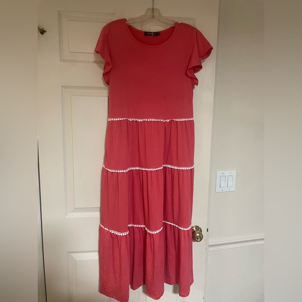 Women’s Coral Tiered Maxi Dress with Flutter Sleeves